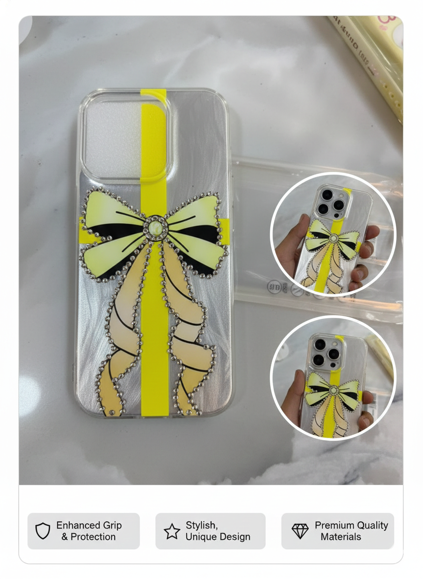 Luxury Yellow Ribbon Crystal Clear Case for iPhone 16 Pro