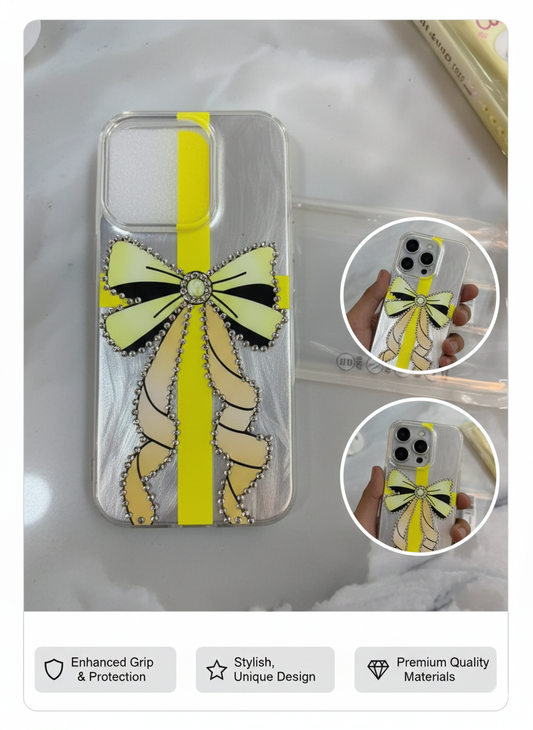 Luxury Yellow Ribbon Crystal Clear Case for iPhone 16 Pro