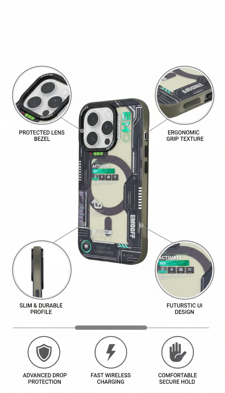 Futuristic Armor Shockproof Phone Case with Ergonomic Grip, Wireless Charging Support, and Advanced Drop Protection