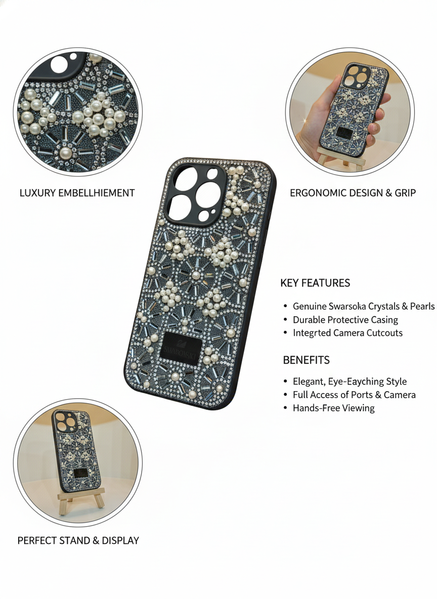 Luxury Crystal & Pearl Embellished Designer Phone Case with Ergonomic Grip and Protective Finish