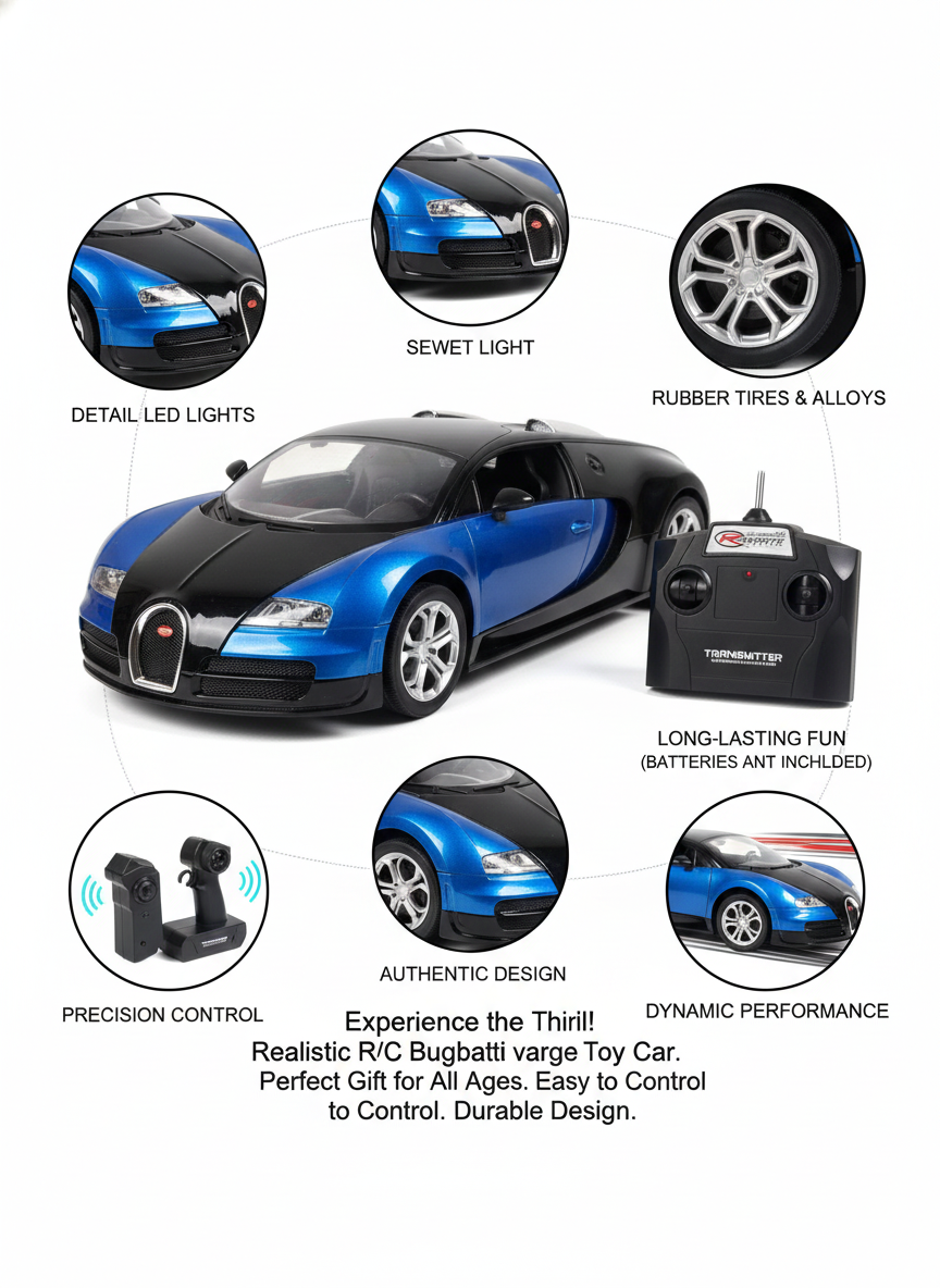 Luxury RC Toy Supercar – 1:14 Scale Bugatti Veyron Grand Vitesse with LED Headlights, 2.4GHz Remote, Realistic Design, Durable Build, Kids High-Speed Racing Car