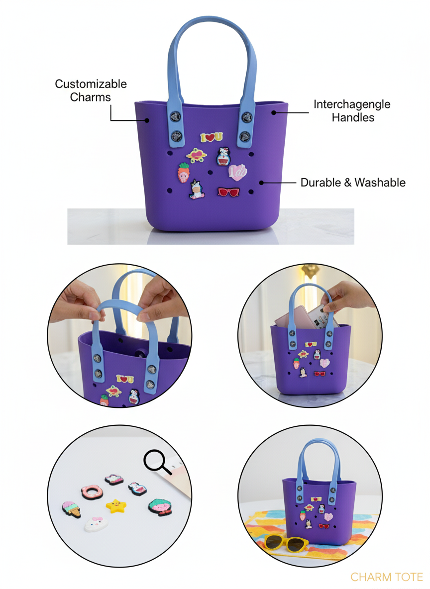 Luxe Customizable EVA Tote in Purple with Sky-Blue Handles