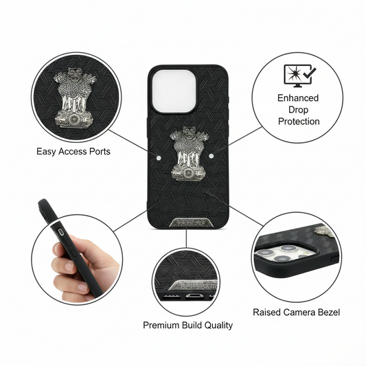 Ashoka Lion Emblem Premium Black Protective iPhone 15 Pro Case with Metallic Finish and Enhanced Grip