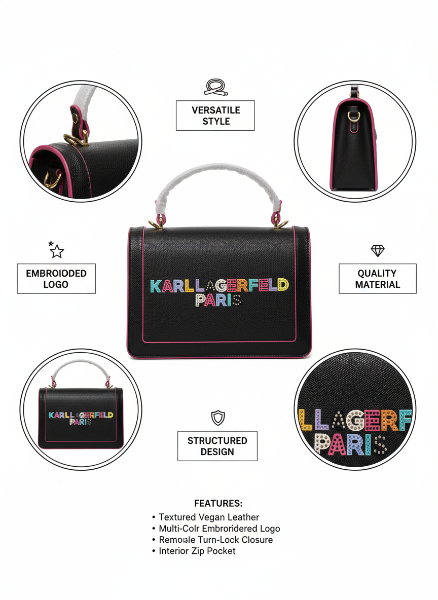 Structured Black KARL LAGERFELD PARIS Top Handle Bag | Vegan Leather | Elegant Gold Hardware