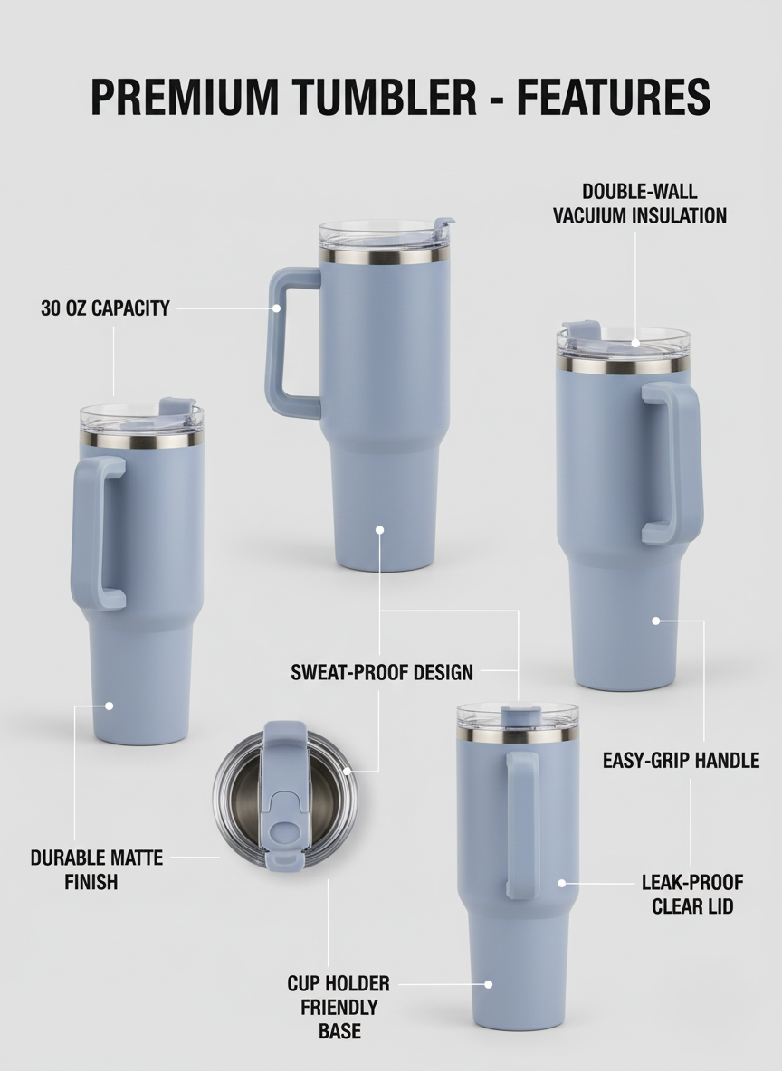Ergonomic Handle 40oz Tumbler: Spill-Proof Lid & Double-Walled Durability