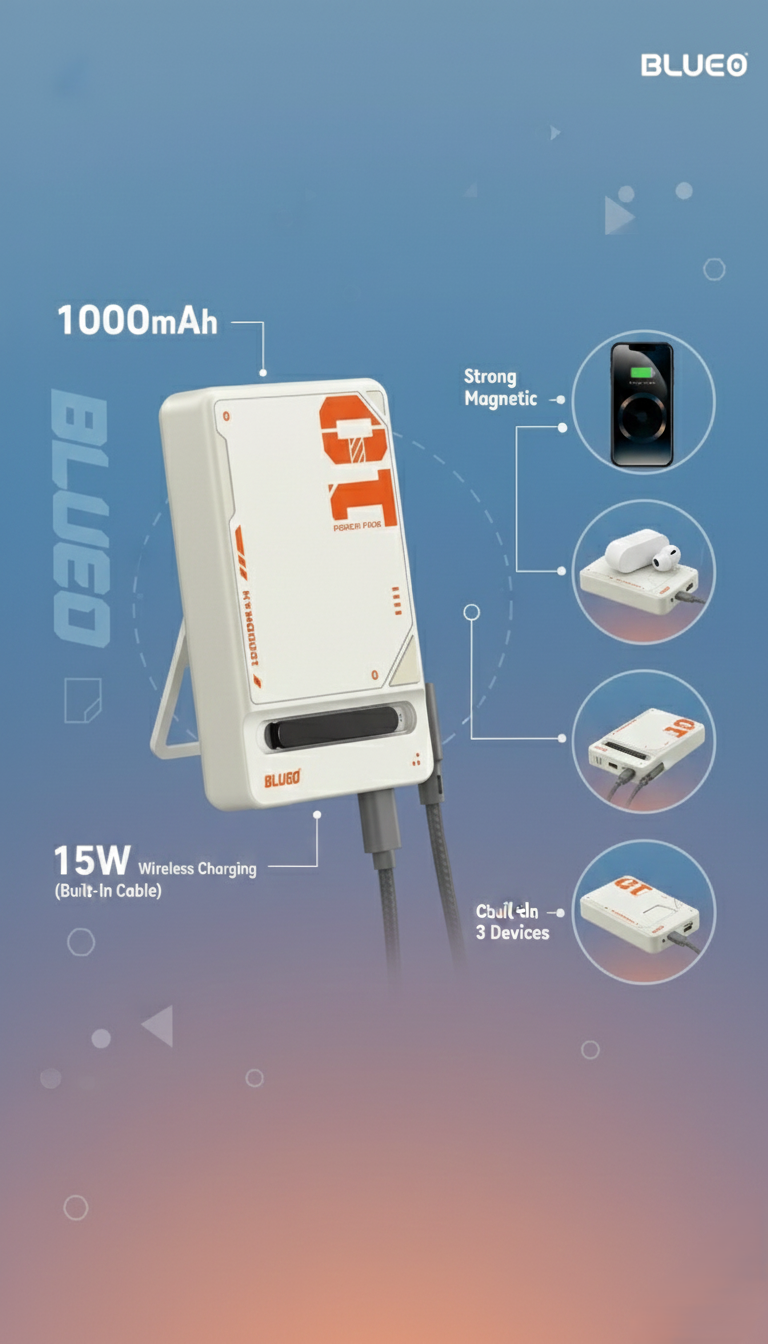 BLUEO MF Stand Magnetic Wireless Power Bank 10000mAh (White) | 15W Magnetic Wireless Charging | Built-in USB-C Cable | PD20W Fast Charging | Foldable Stand | Strong Magnetic Lock