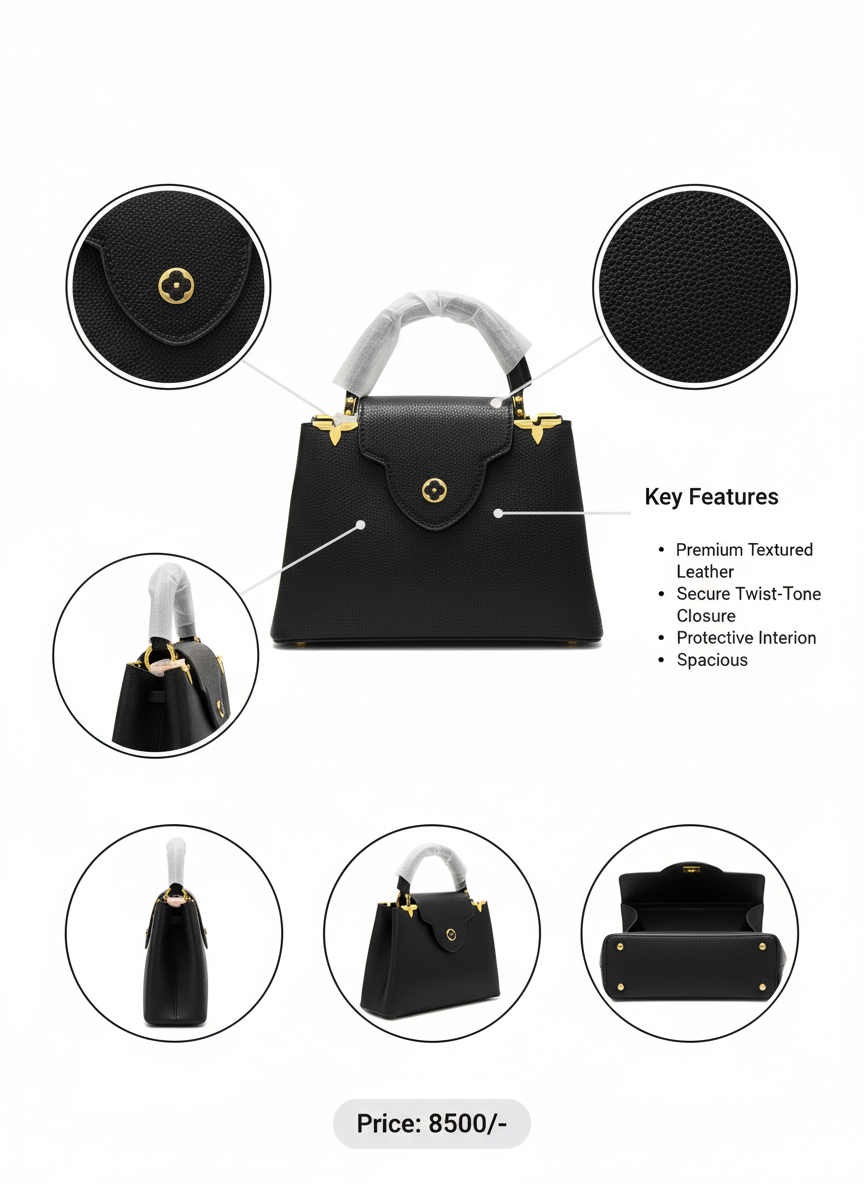 Structured Black Leather Satchel with Gold Hardware