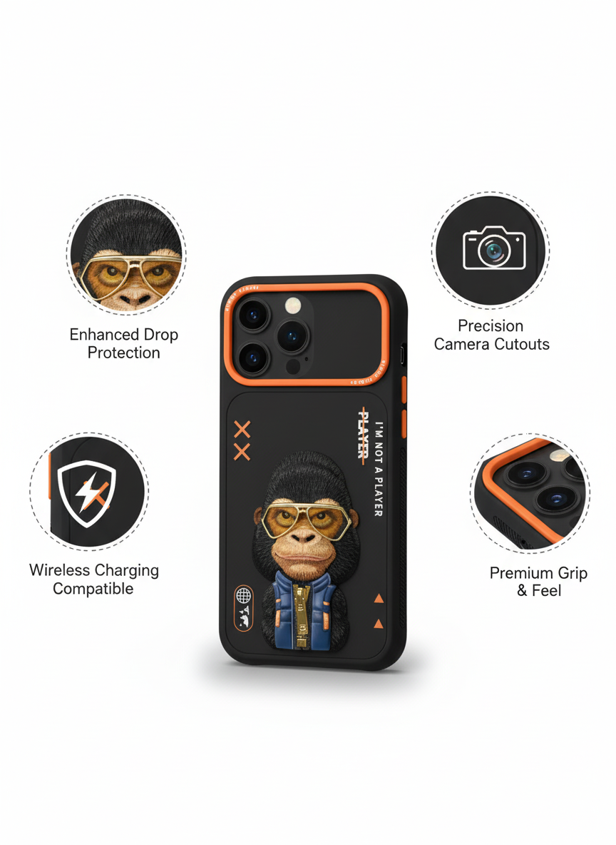 iPhone 17 Pro Rugged Back Cover with Cartoon Gorilla & Orange Bumper