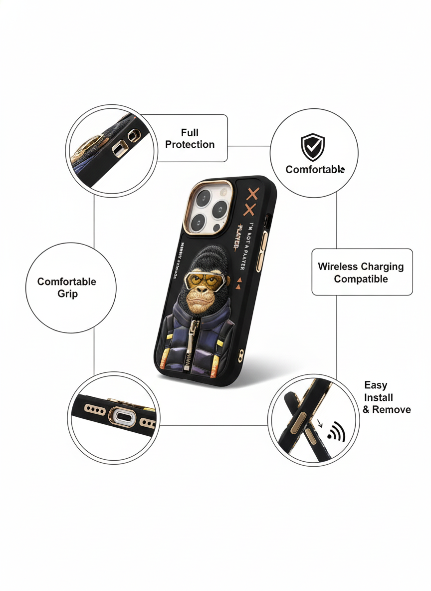 iPhone 16 Pro Shockproof Case with 3D Monkey Art | Anti-Slip & Camera Protection