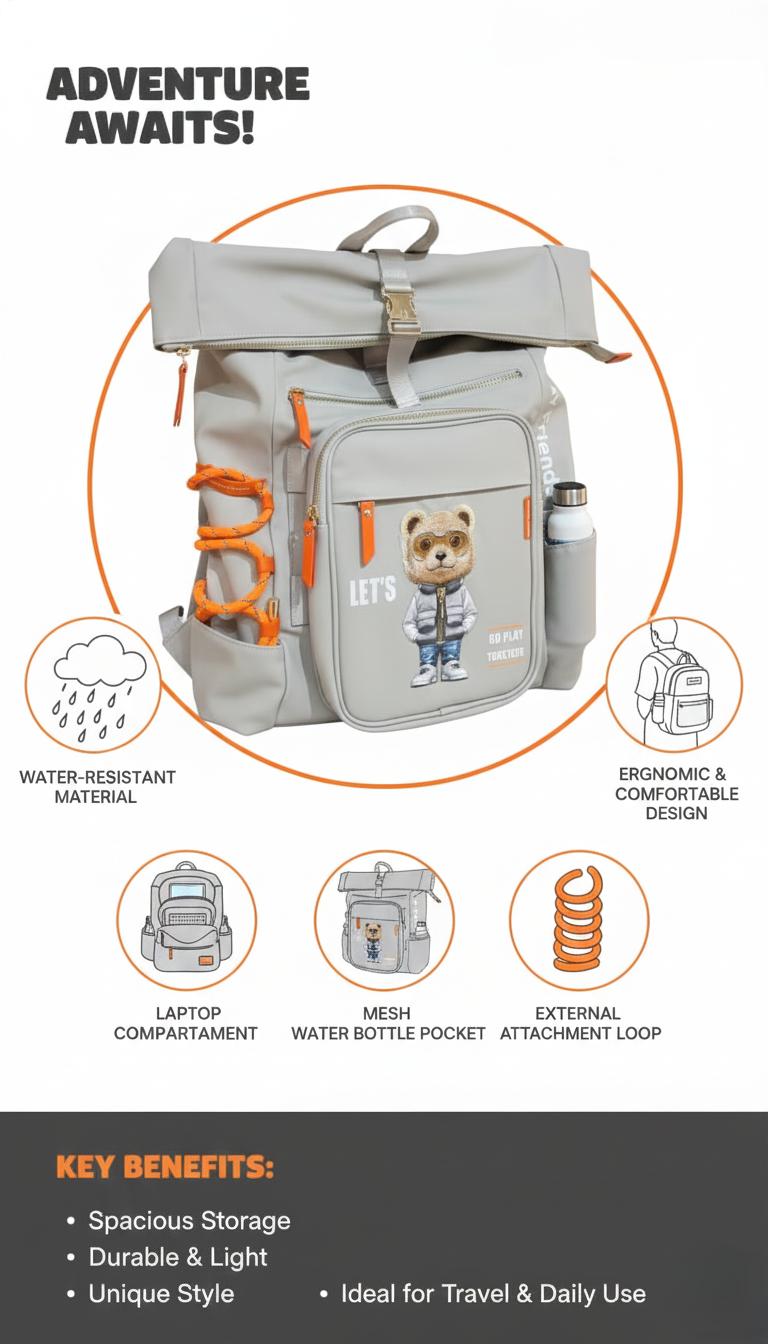 Adventure Awaits Kids Toy Backpack – Water Resistant Ergonomic Travel and School Bag with Laptop Compartment, Bottle Pocket and External Attachment Loop