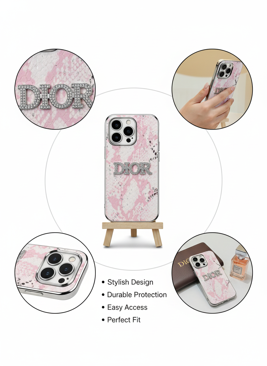 Luxury Pink Snakeskin Texture Designer-Style Protective 14 Pro Case with Raised Logo Finish