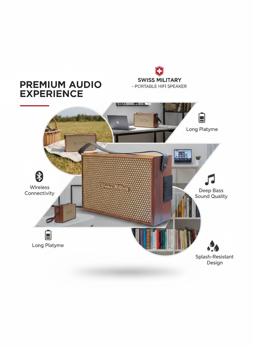 Swiss Military Premium Retro Wooden Bluetooth Speaker with Powerful Bass & Portable Leather Strap