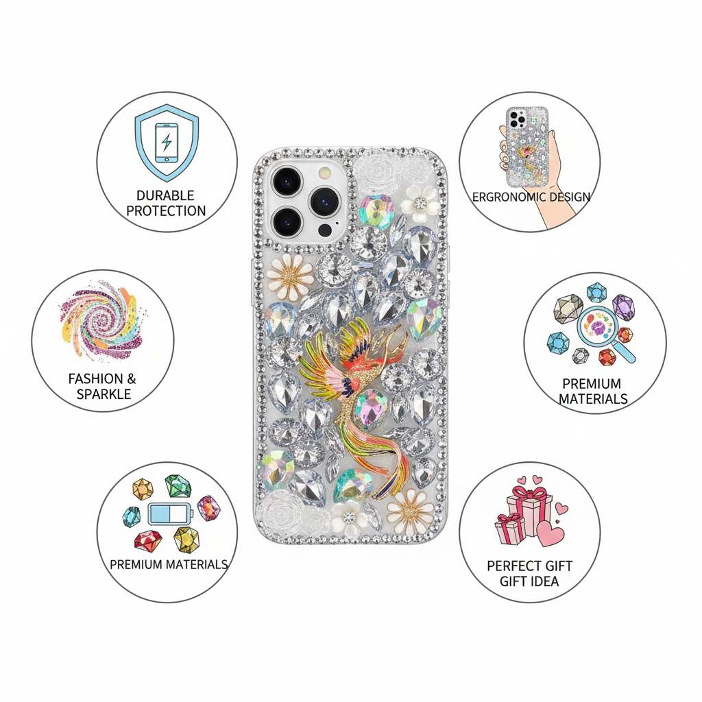 Luxury Handcrafted Crystal Embellished iPhone 13 Pro Case with Colorful Bird and Floral Rhinestone Design Protective Smartphone Cover