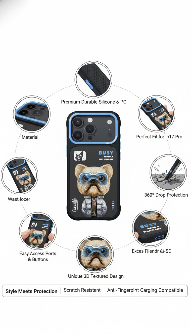 3D Embroidered Dog Armor Case for iPhone 17 Pro – Shockproof 360° Protection