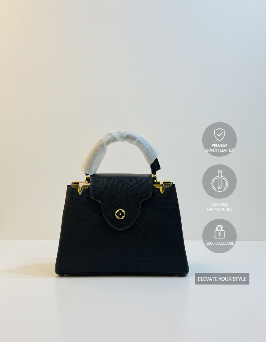 Structured Black Leather Satchel with Gold Hardware