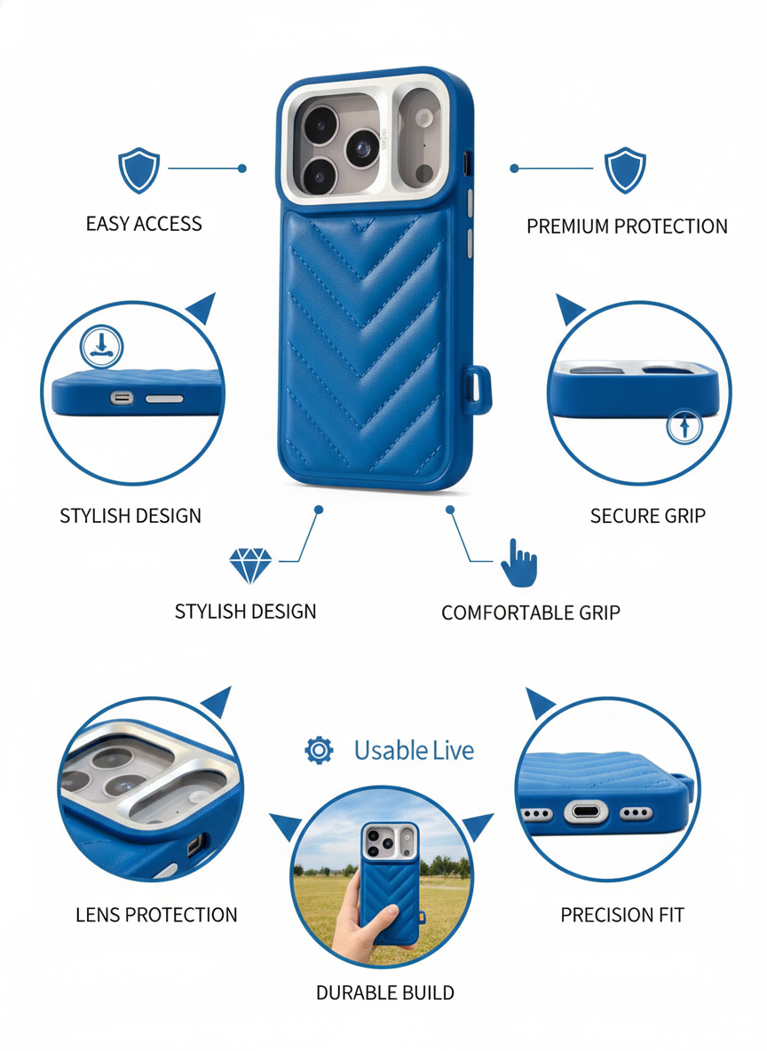 Premium Blue Leatherette Protective 17 pro Case with Camera Guard & Strap Loop – Compatible with iPhone
