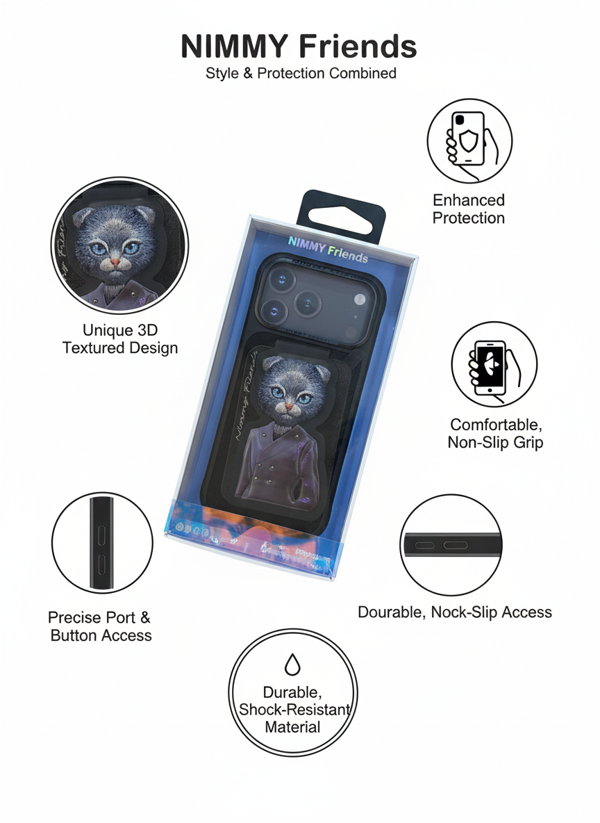 Nimmy Friends 3D Cat Design iPhone 17 Pro Case - Premium, Shock-Resistant Cover with Wireless Charging Support