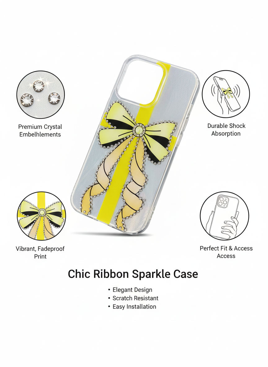 Luxury Yellow Ribbon Crystal Clear Case for iPhone 16 Pro