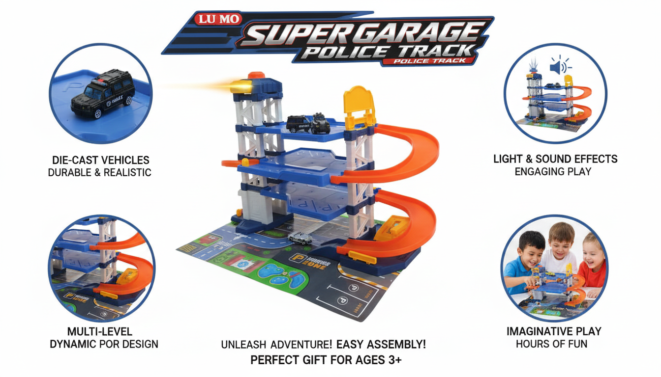 Super Garage Police Track Playset with Multi-Level Ramps, Die-Cast Vehicles, City Playmat, Light & Sound Effects, Easy Assembly, Imaginative Play, Educational Toy Gift for Kids Ages 3 and Above