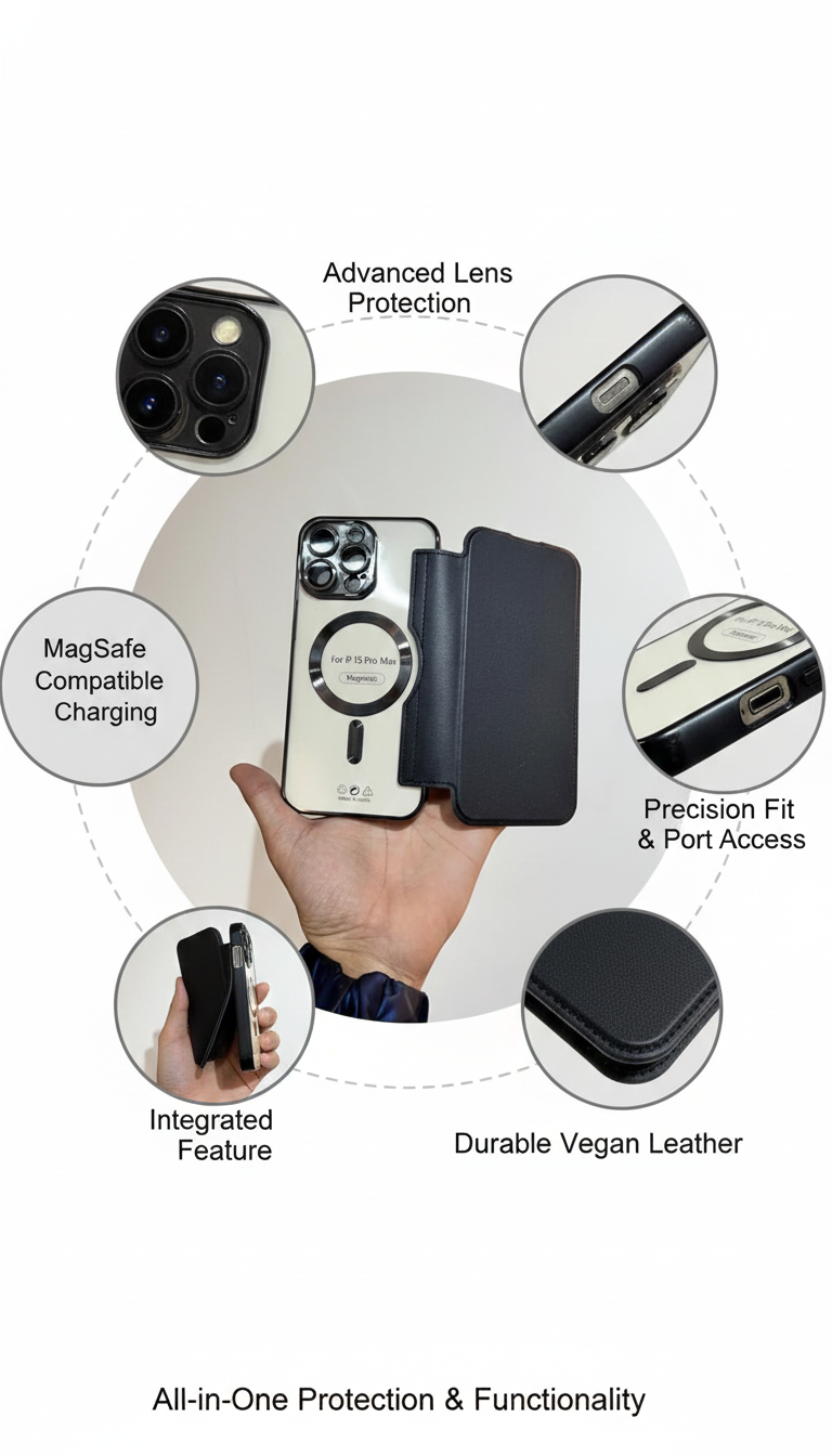 Premium MagSafe-Compatible Flip Wallet Leather Case with Lens Protection for iPhone Pro Max Series