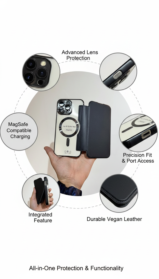 Premium MagSafe-Compatible Flip Wallet Leather Case with Lens Protection for iPhone Pro Max Series