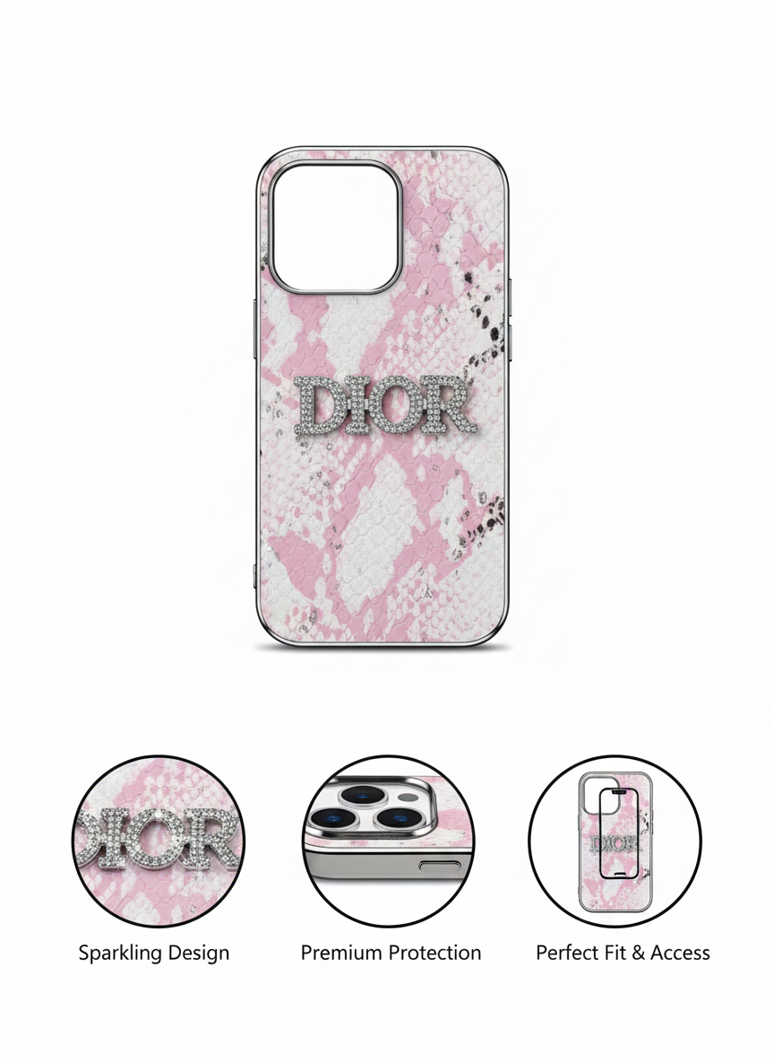 Luxury Pink Snakeskin Texture Designer-Style Protective 14 Pro Case with Raised Logo Finish