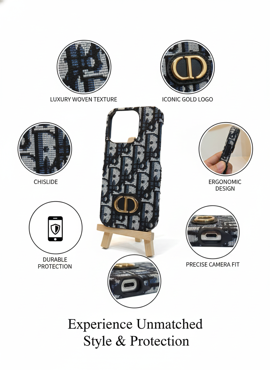 Luxury Oblique Fabric Designer 16 Pro Phone Case with Gold Emblem, Slim Protective Wireless Charging Compatible Cover