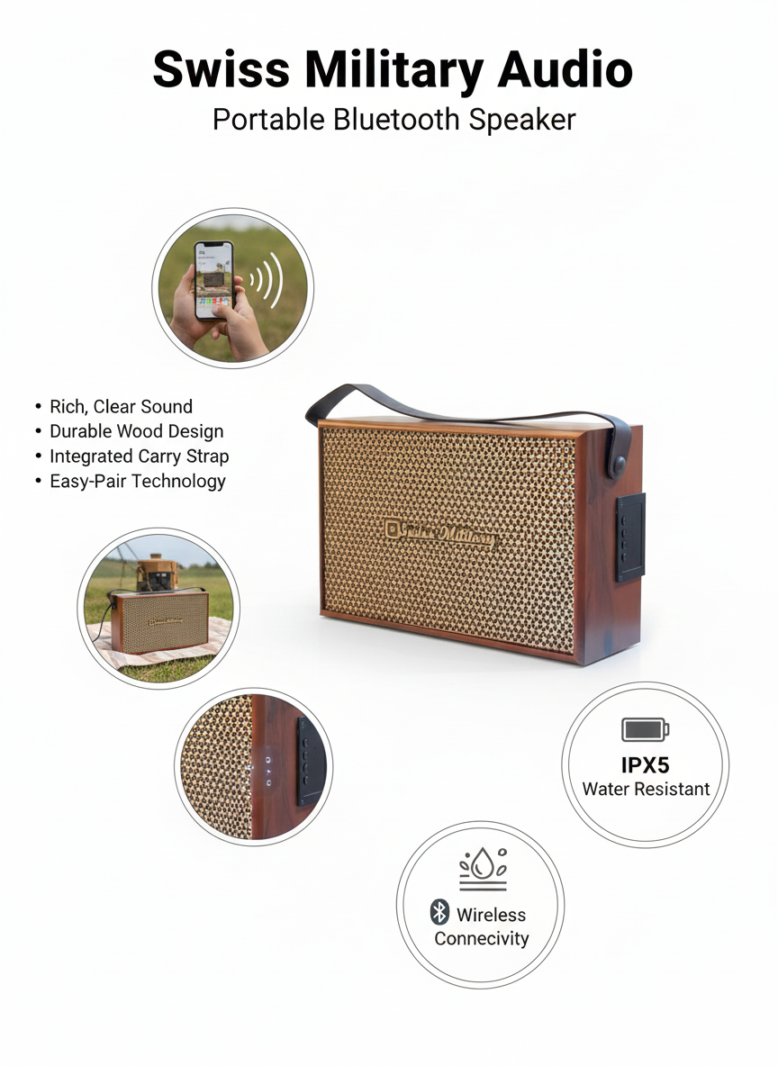 Swiss Military Premium Retro Wooden Bluetooth Speaker with Powerful Bass & Portable Leather Strap
