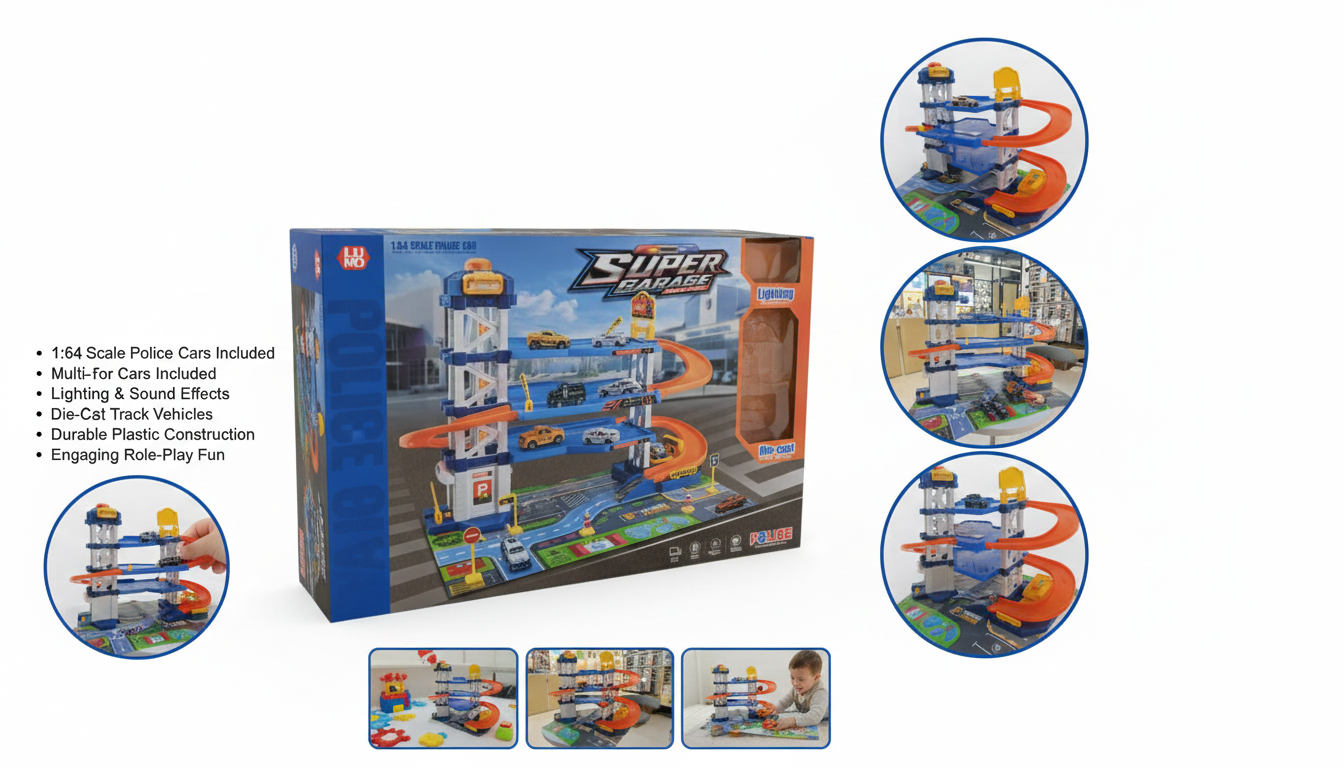 Super Garage Police Track Playset with Multi-Level Ramps, Die-Cast Vehicles, City Playmat, Light & Sound Effects, Easy Assembly, Imaginative Play, Educational Toy Gift for Kids Ages 3 and Above