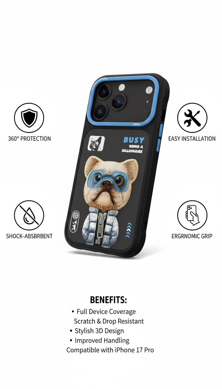 3D Embroidered Dog Armor Case for iPhone 17 Pro – Shockproof 360° Protection