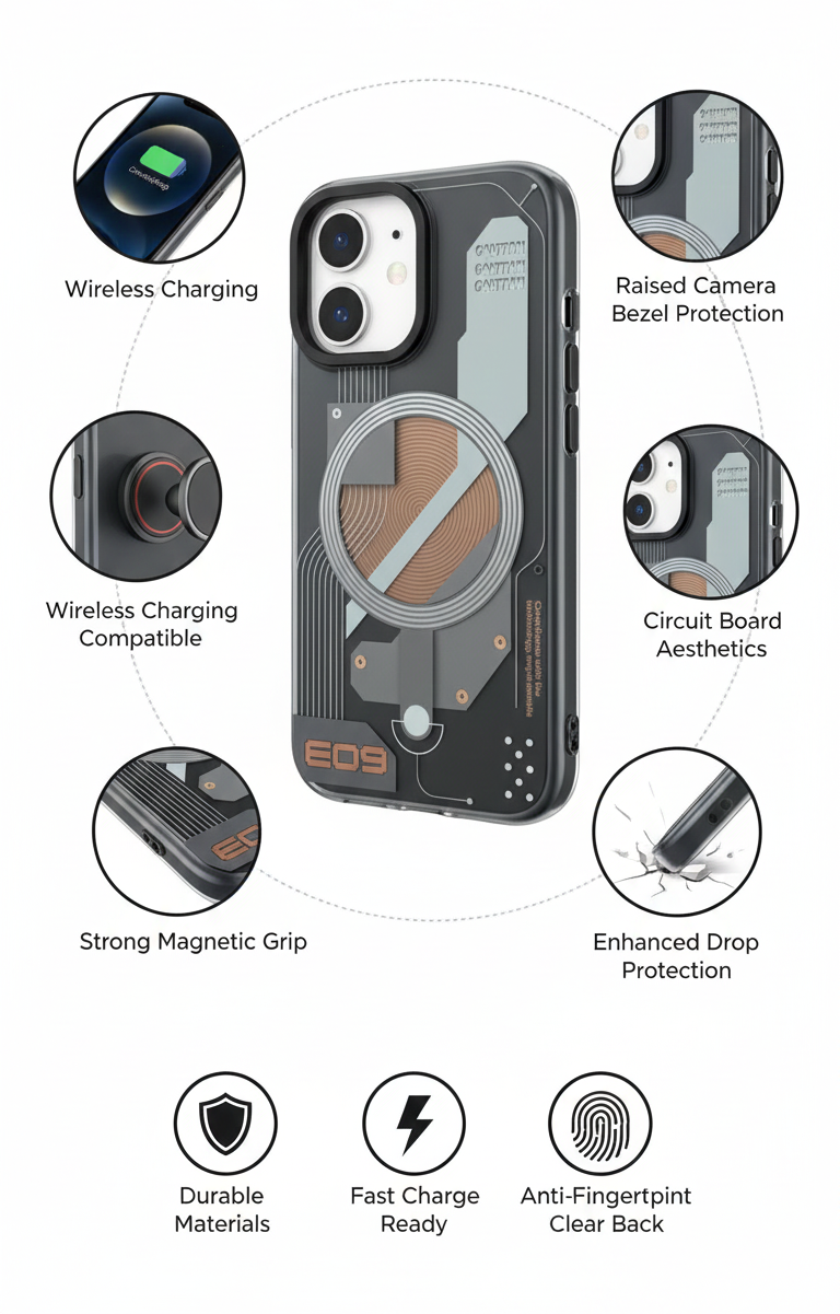 Premium Magnetic Clear Phone Case with Wireless Charging Support, Raised Camera Protection, and Shock Absorbing Design