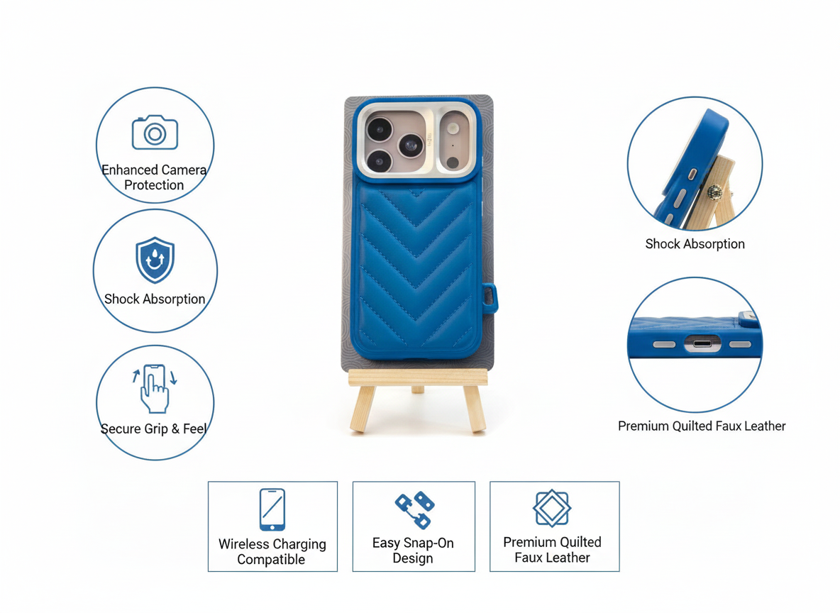 Premium Blue Leatherette Protective 17 pro Case with Camera Guard & Strap Loop – Compatible with iPhone