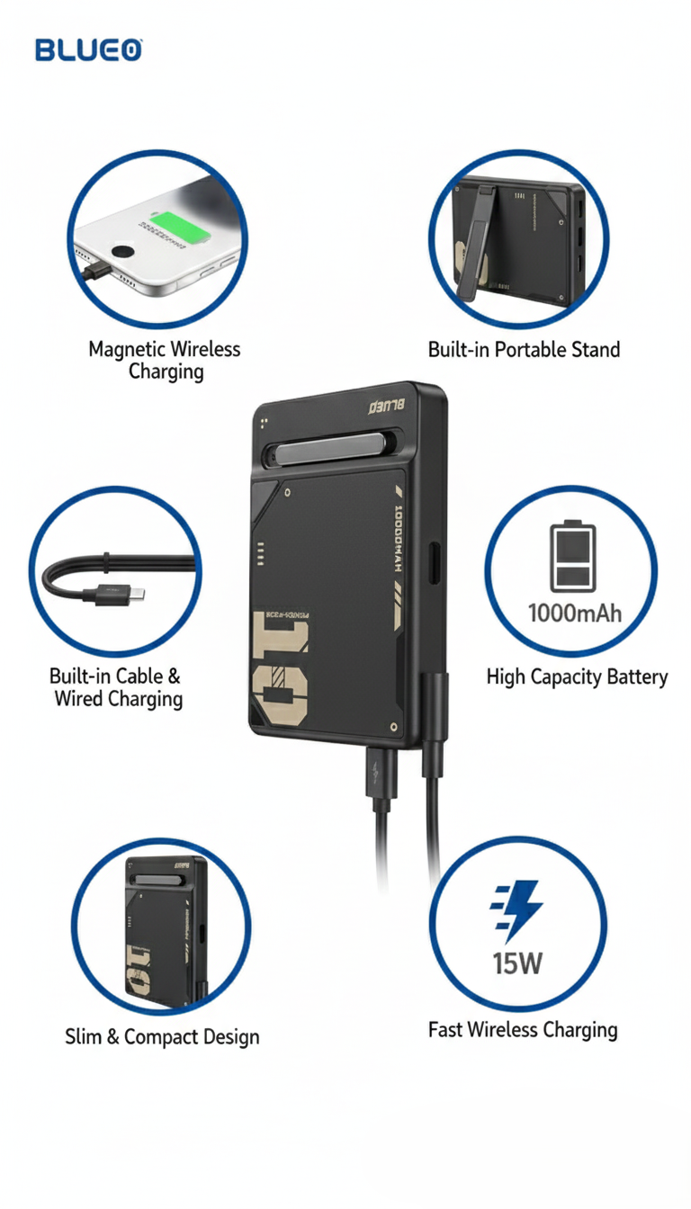 BLUEO MF Stand Magnetic Wireless Power Bank 10000mAh | 15W Wireless + 20W PD Fast Charging | Built-in Cable | Magnetic Attachment & Foldable Stand