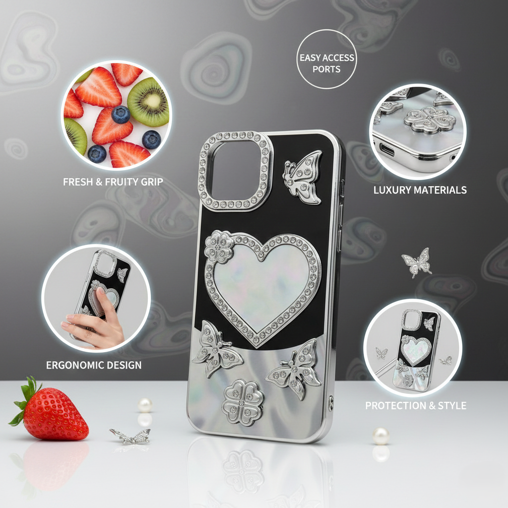 Elegant Crystal Framed Heart and Butterfly Design iPhone Case Luxury Rhinestone Embellished Slim Protective Smartphone Cover