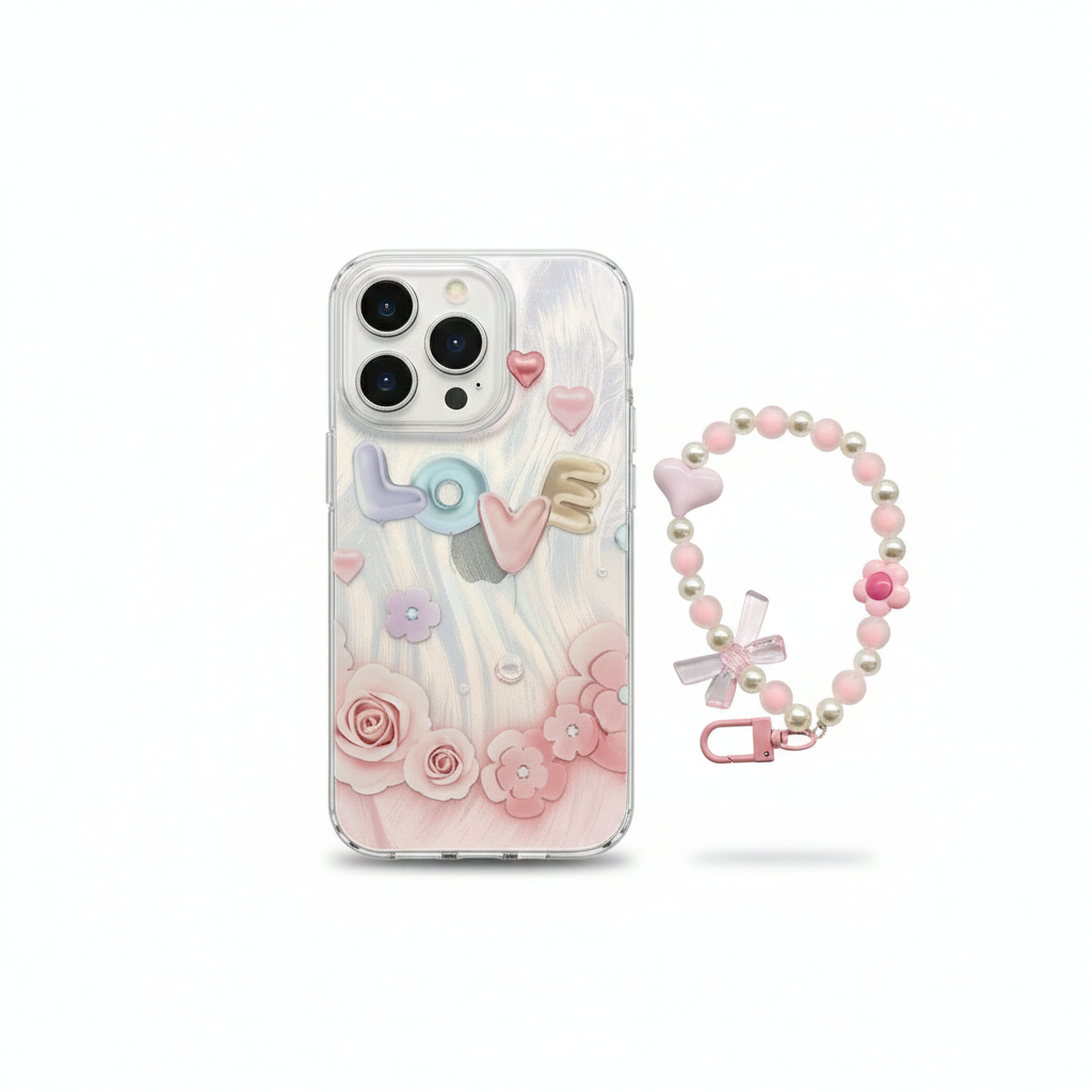 Elegant Transparent Phone Case with Handmade Charm Strap, Decorative Pastel Design, Durable Protective Clear Cover for Stylish Everyday Use