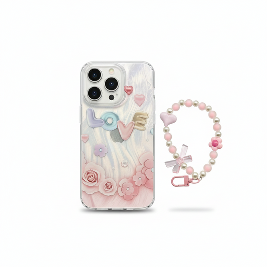 Elegant Transparent Phone Case with Handmade Charm Strap, Decorative Pastel Design, Durable Protective Clear Cover for Stylish Everyday Use