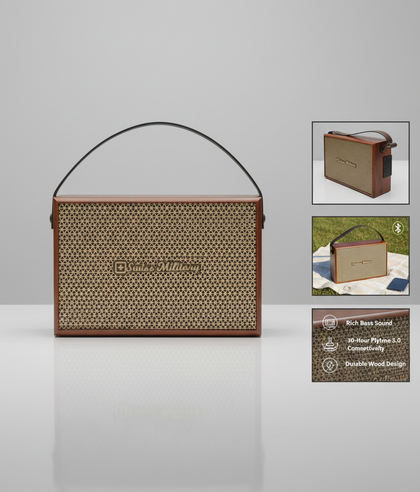 Swiss Military Premium Retro Wooden Bluetooth Speaker with Powerful Bass & Portable Leather Strap