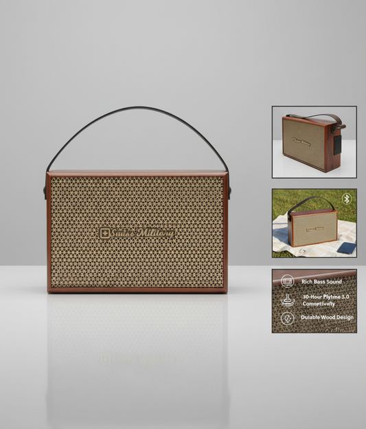 Swiss Military Premium Retro Wooden Bluetooth Speaker with Powerful Bass & Portable Leather Strap