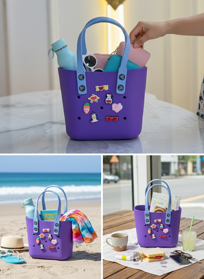 Luxe Customizable EVA Tote in Purple with Sky-Blue Handles