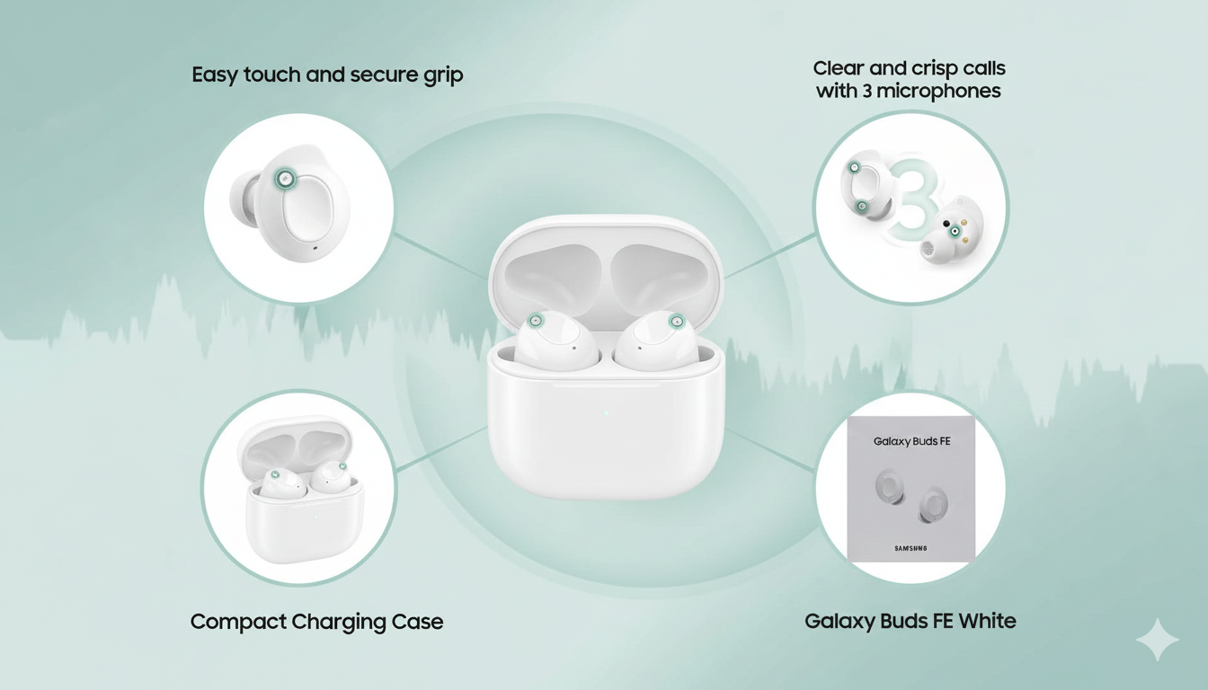 Samsung Galaxy Buds FE White – Active Noise Cancellation | Long Battery | Premium Sound