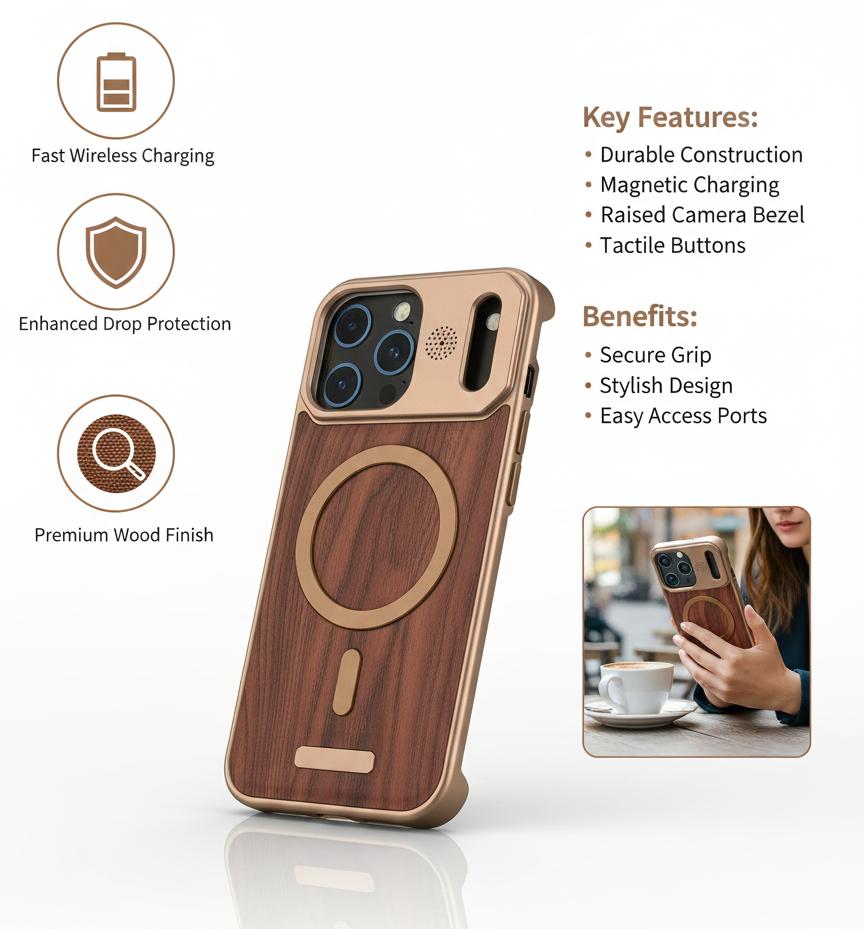 Premium Wood Texture MagSafe Case for iPhone 17 Pro | Luxury Shockproof Protective Cover | Vintage Wooden Finish