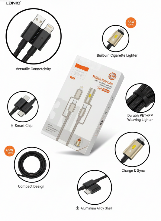 LDNIO Fast Charging Braided Cable 3-in-1 | 65W Power | Built-in Lighter | Durable PET+PP