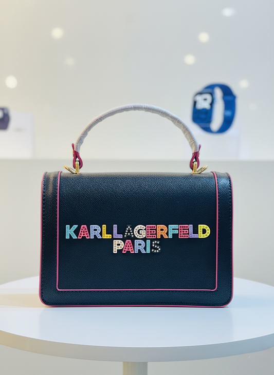 Structured Black KARL LAGERFELD PARIS Top Handle Bag | Vegan Leather | Elegant Gold Hardware