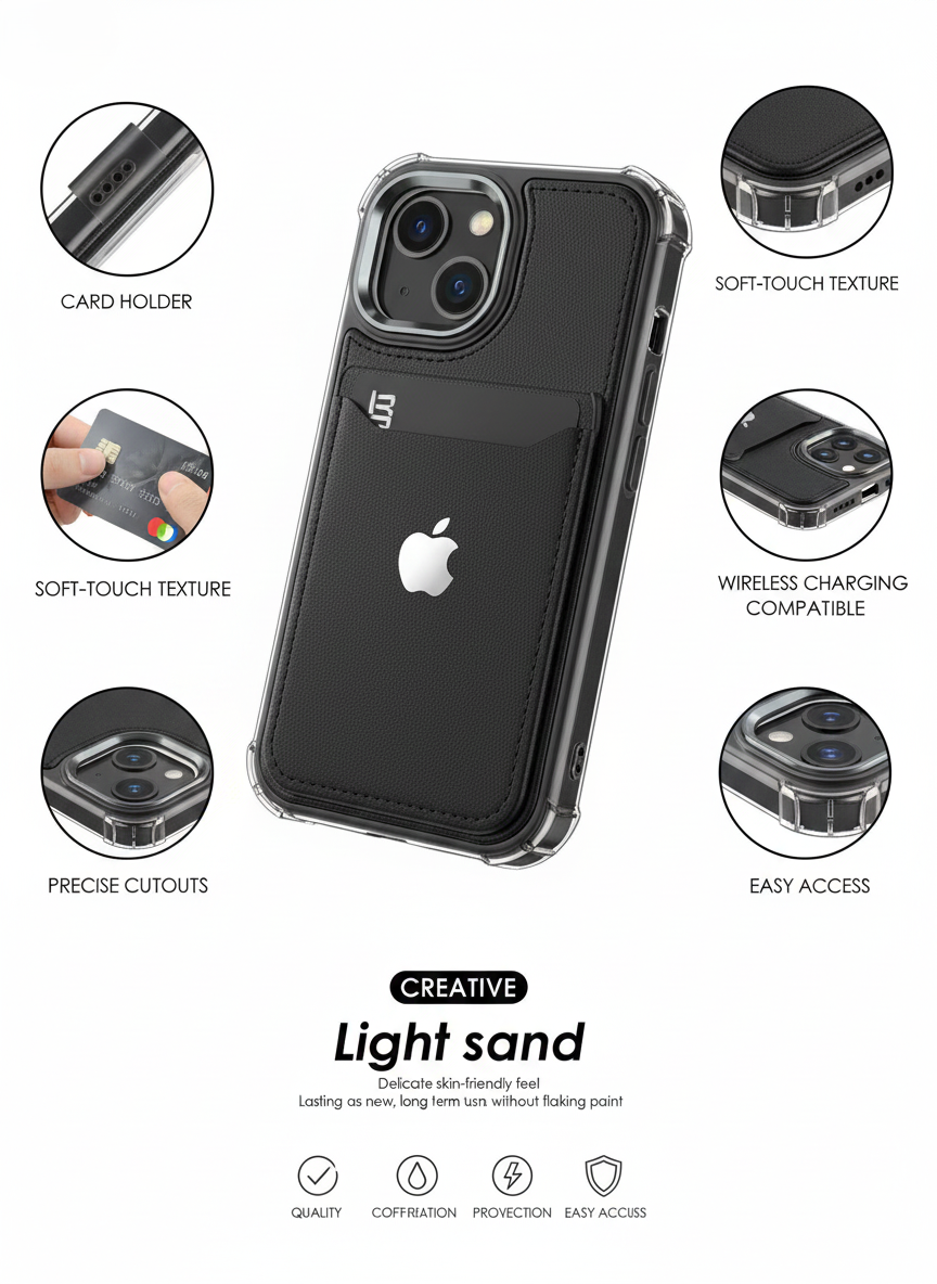 Light Sand Waterproof Card Holder iPhone Case with IP15 Protection, Slim Lightweight Design, and Full Coverage Fit