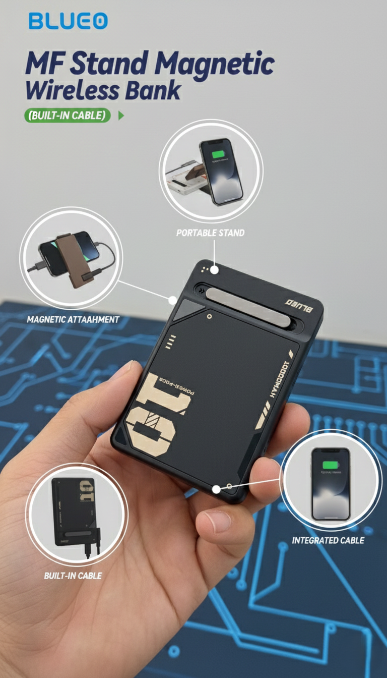 BLUEO MF Stand Magnetic Wireless Power Bank 10000mAh | 15W Wireless + 20W PD Fast Charging | Built-in Cable | Magnetic Attachment & Foldable Stand