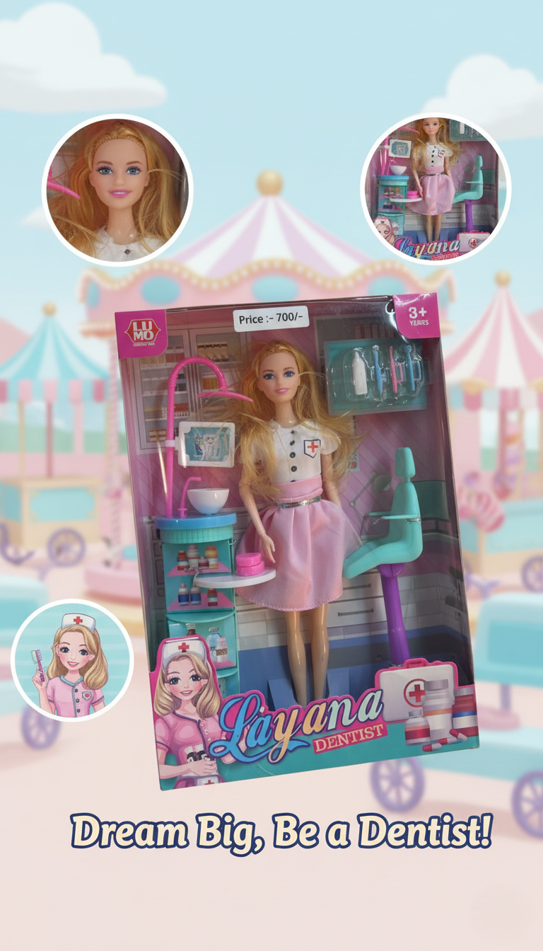 Layana Dentist Playset for Kids with Stylish Doll, Dental Chair, Tools, Accessories, Educational Pretend Play Kit for Early Learning and Imaginative Roleplay Fun