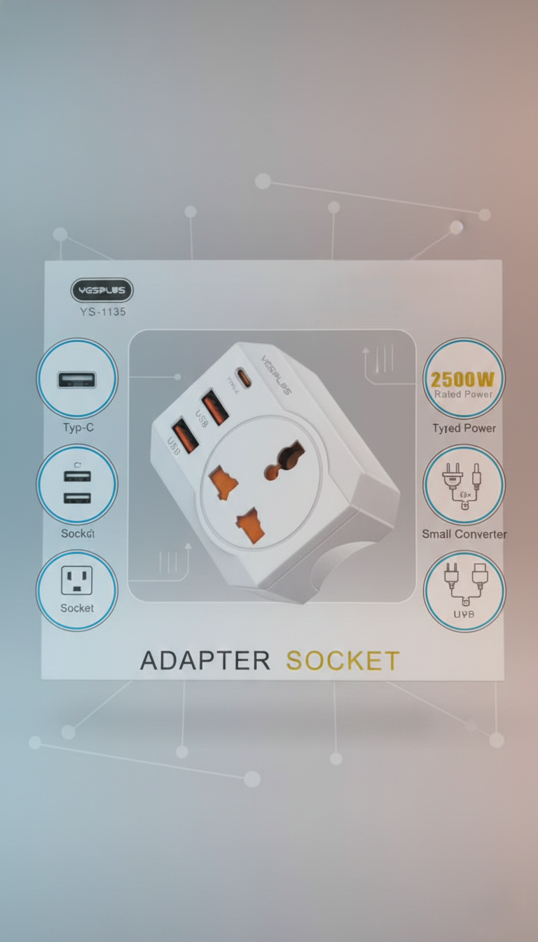 YESPLUS YS-1135 Universal Travel Power Adapter 2500W with PD Type-C Fast Charging, Dual USB Ports, Safety Shutter, Compact International Plug Converter for Global Travel