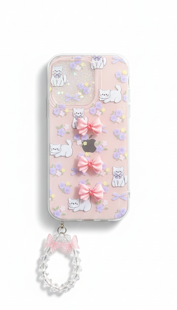 Clear Floral Phone Case with 3D Bow Charms and Detachable Crystal Wrist Strap, Elegant Protective Cover with Cute Kitten Print