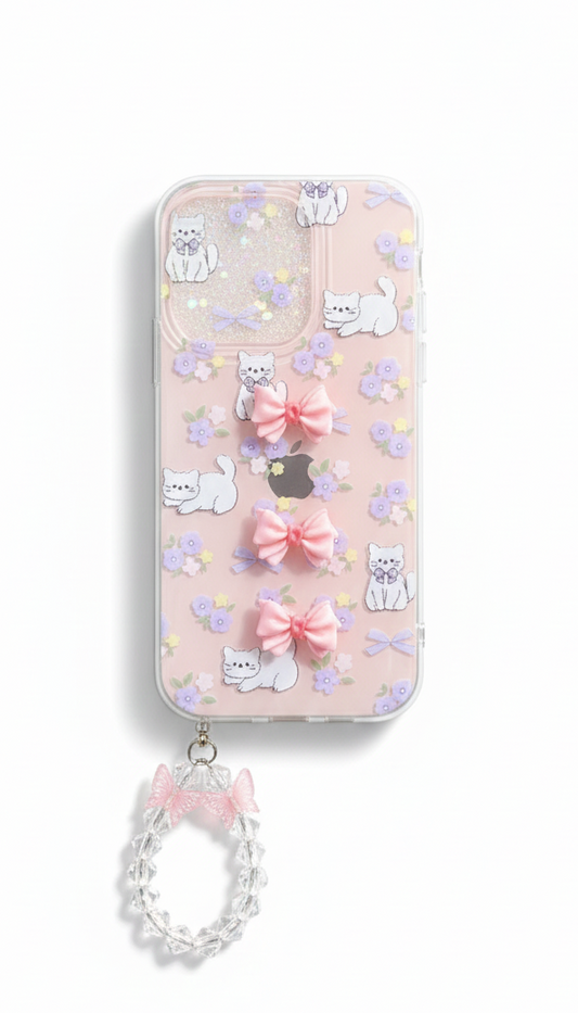 Clear Floral Phone Case with 3D Bow Charms and Detachable Crystal Wrist Strap, Elegant Protective Cover with Cute Kitten Print