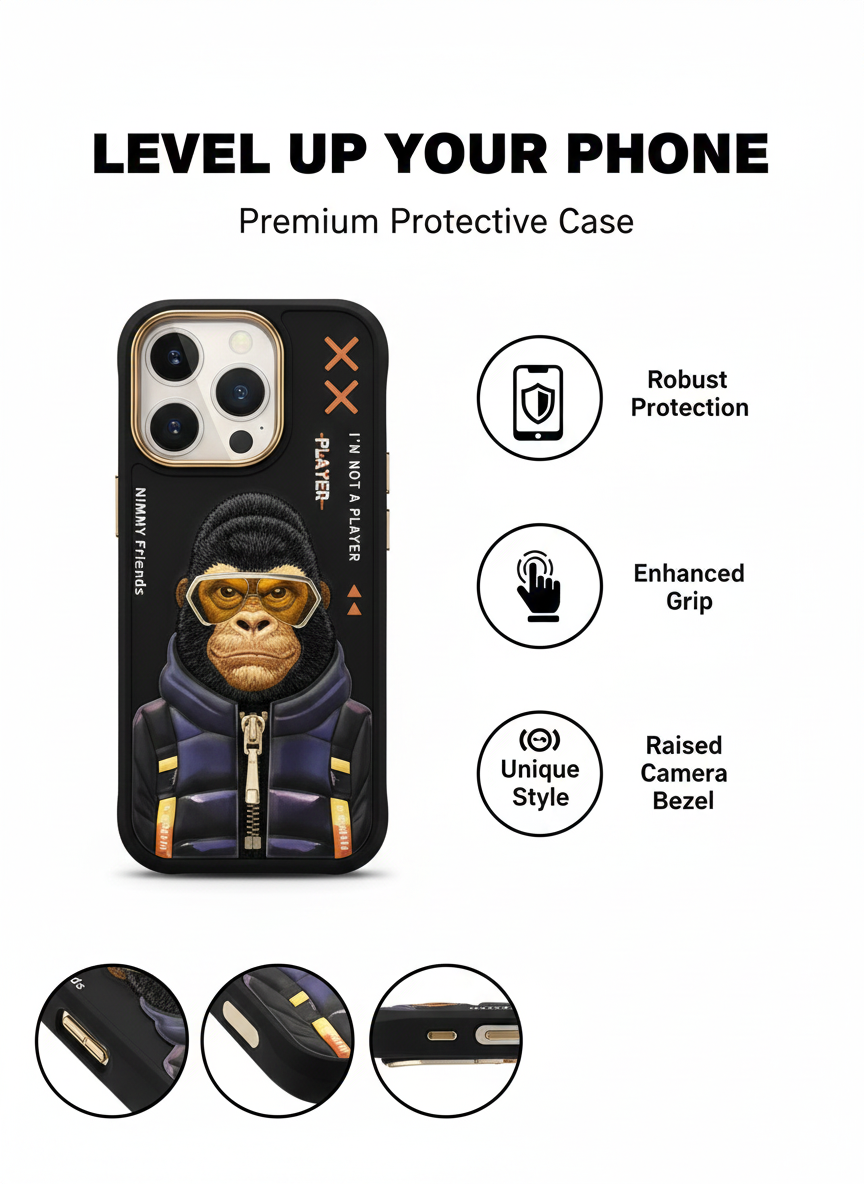 iPhone 16 Pro Shockproof Case with 3D Monkey Art | Anti-Slip & Camera Protection